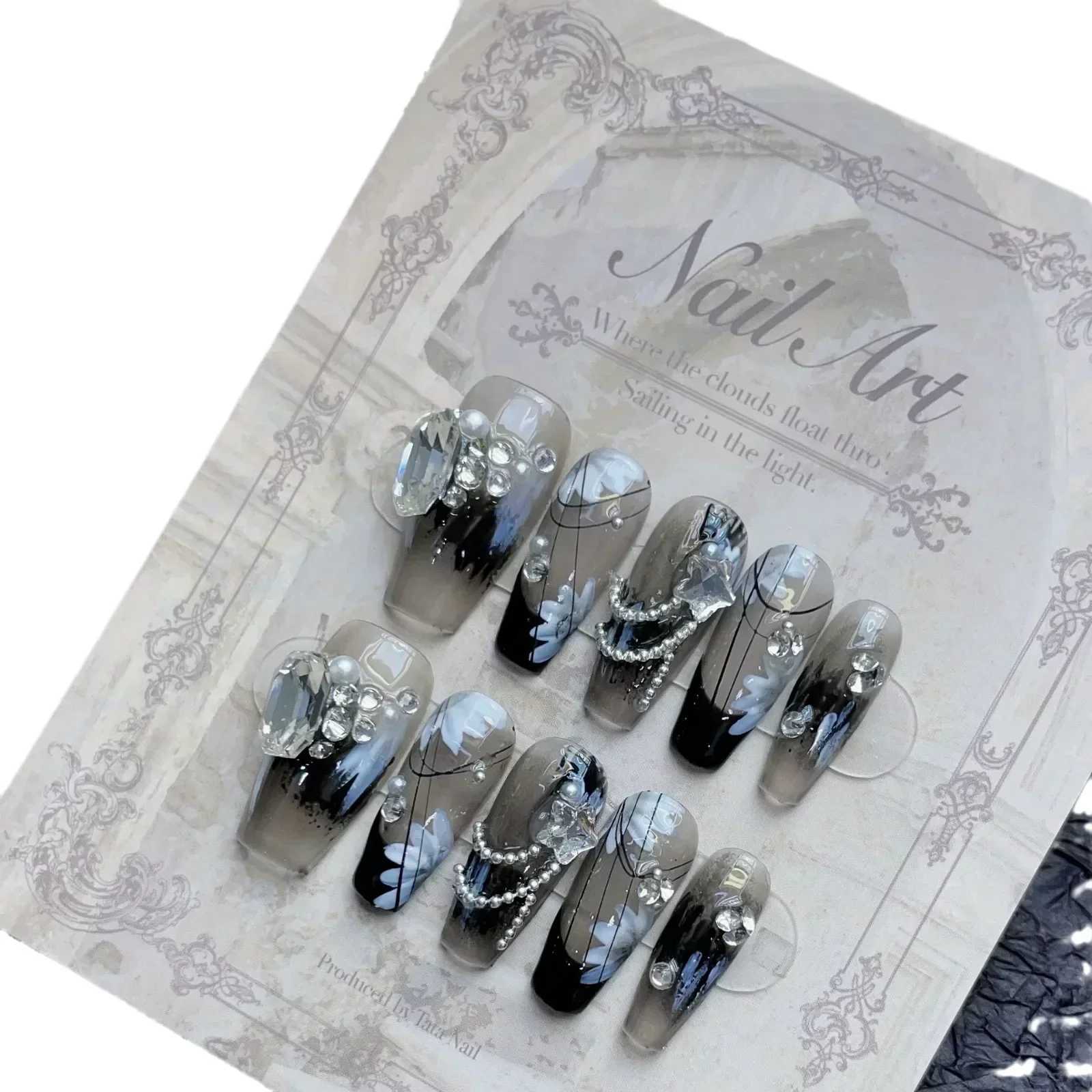 0pcs black handmade embossed nails ballet wearable rhinestones fake nail decoration Chinese handmade fake nail tips W250410