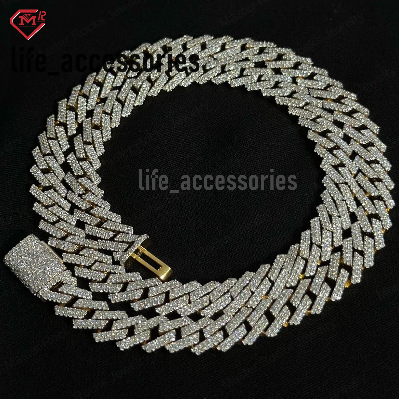 Iced Out Hip Hop 2 Rows Cuban 12mm 925 Sterling Silver VVS Diamond Moissanite Cuban Link Chain for Men