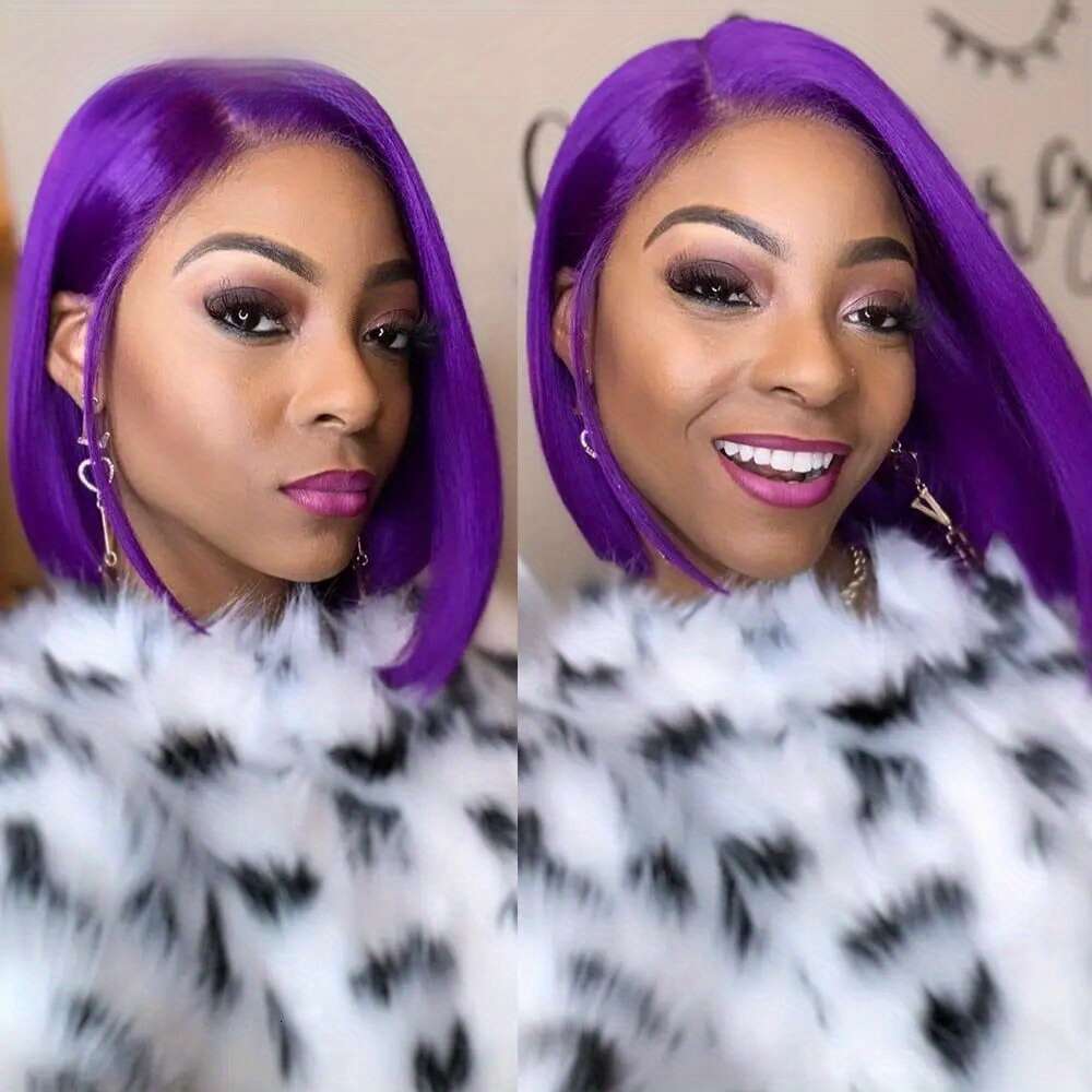 Hair Wig - Purple Short Straight Bob With T-Part Front, 13X5x1 Lace Area, 100% Remy Hair, No Glue Needed, Comfortable &