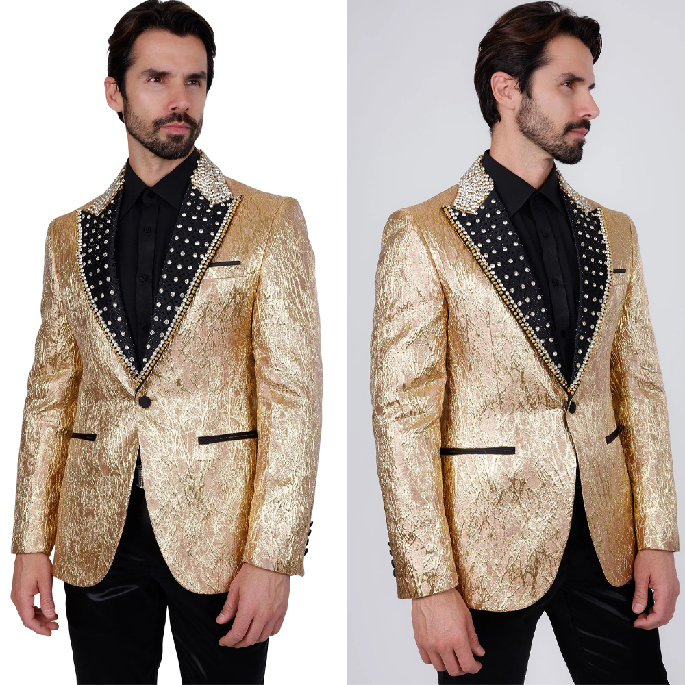 Unique Men's Jacket Rhinestone Blazer Two Pieces Set Peaked Lapel One Button Beading Shiny Coat Flat Customized Jacket+Black Pants Plus Size