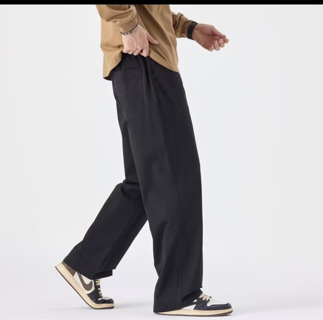 Men's Long-Length Black & Dark Gray Relaxed Straight-Leg Casual Pants 3608