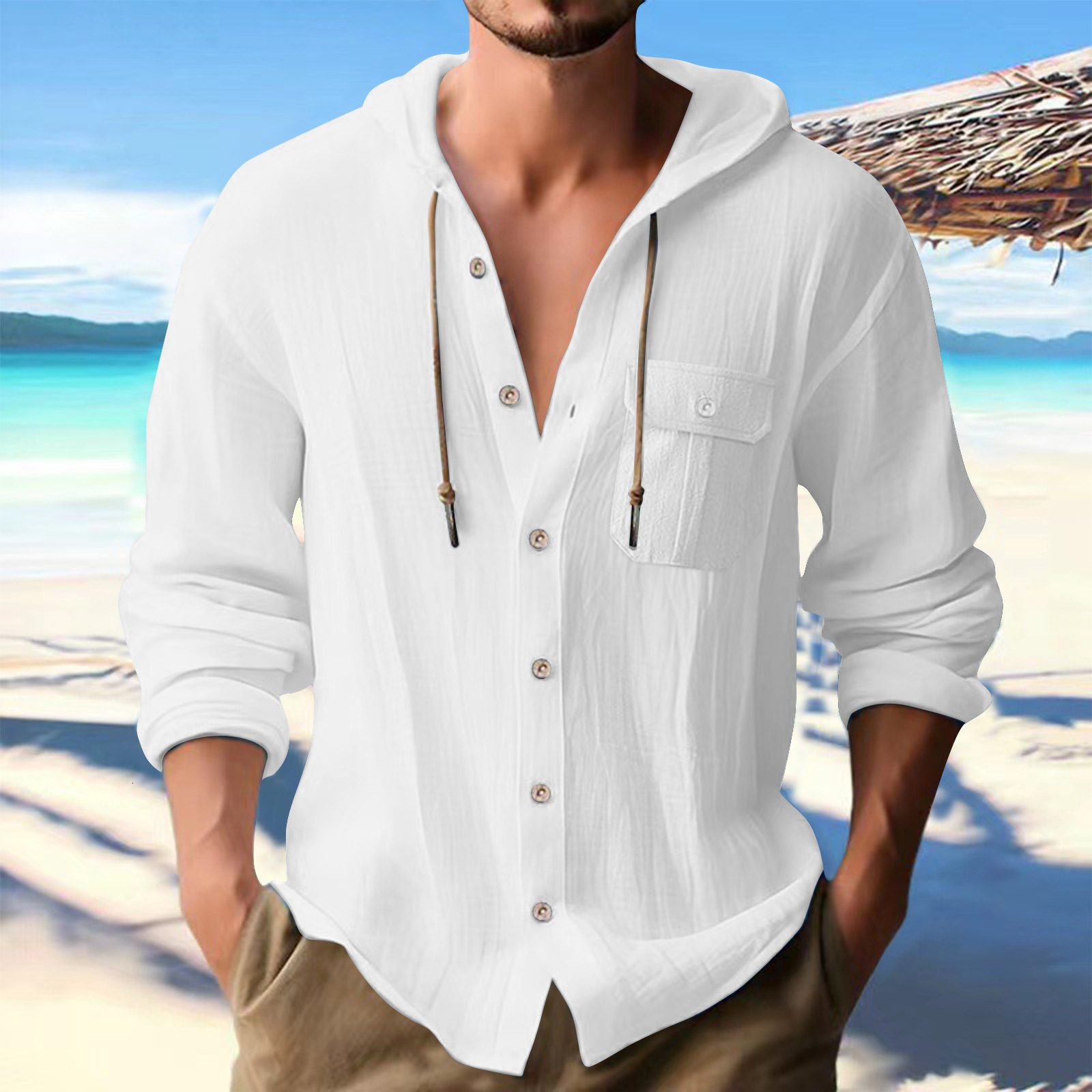 Cotton and linen button three-dimensional pocket long sleeved spring and autumn mens beach casual shirt