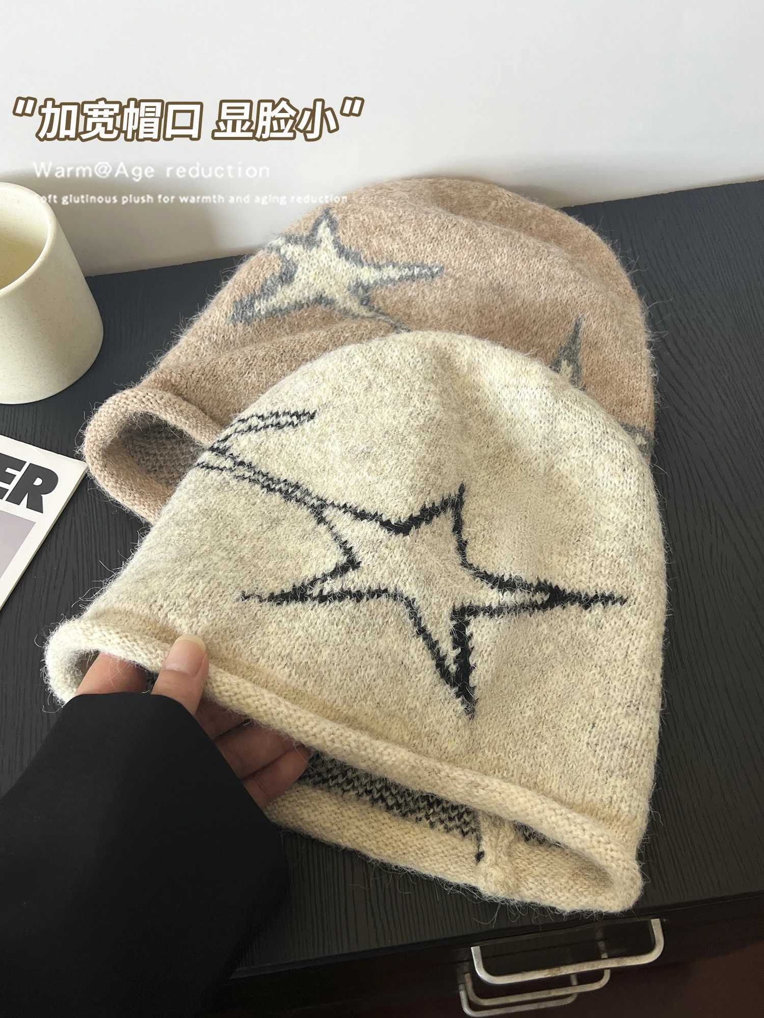 American Style Slouchy Beanie Rolled Brim Retro Star Design Knitted Cap for Large Head Soft Yarn Material Comfort FitXJ251110