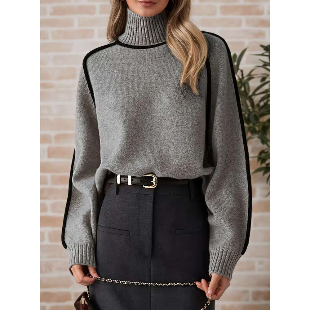 Cross-Border Foreign Trade Women's Fashion Half Turtleneck Raglan Sleeve Top Elegant Line Threaded Base Knitted Sweater for Women