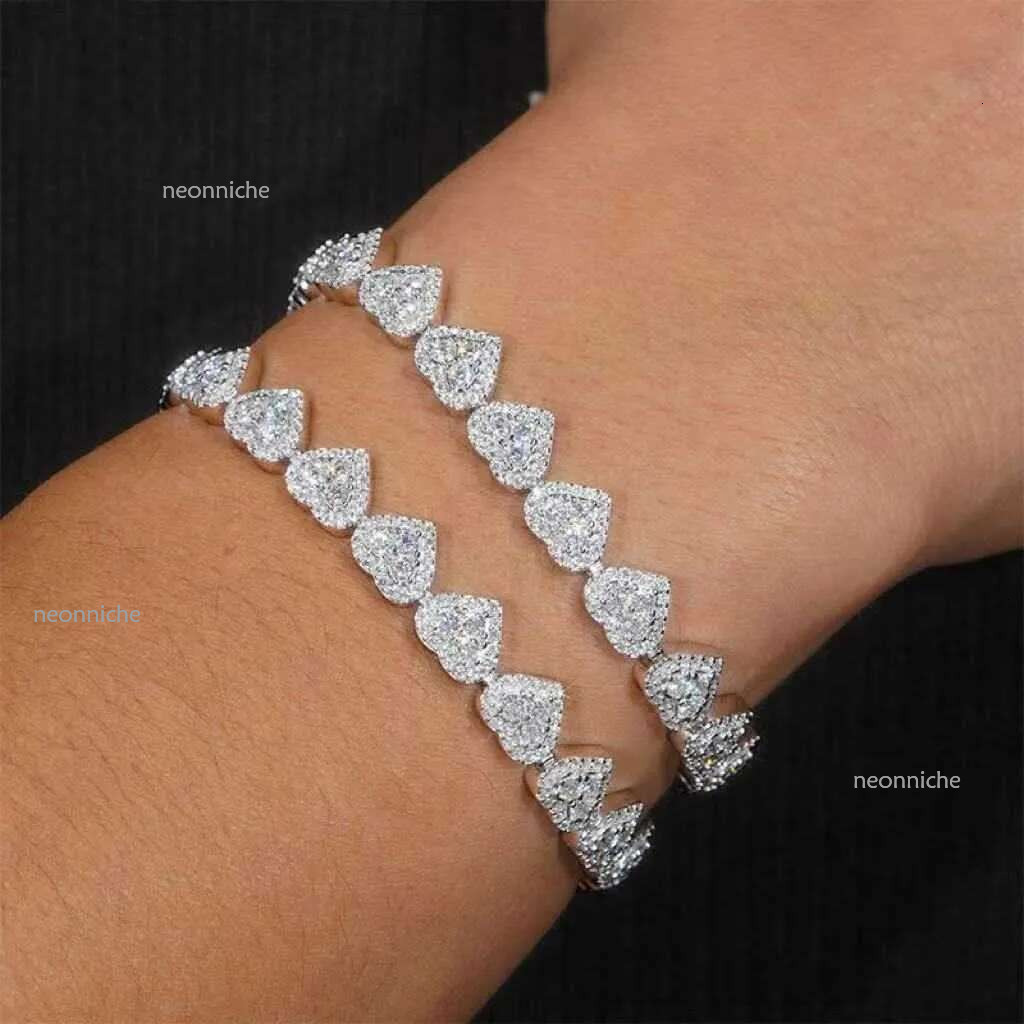 Fine Hip Hop Sier VVS Moissanite Dia Iced Out Heart Bracelet Tennis Chain Jewelry Women Men Necklace