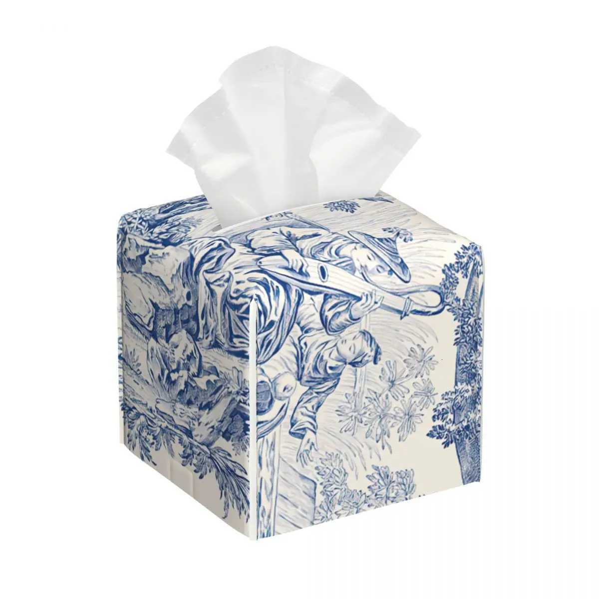 ic French Toile De Jouy Navy Blue Motif Pattern Facial Tissue Box Cover Square PU Leather Tissue Box Holder for Car Office W251110