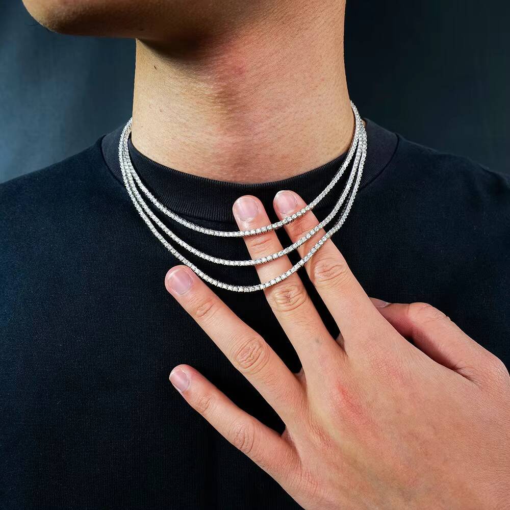 Custom Hiphop 2mm Gra Certified Clustered 925 Sterling Silver Vvs1 Diamond Moissanite Mossanite Jewelry Tennis Necklace Chain