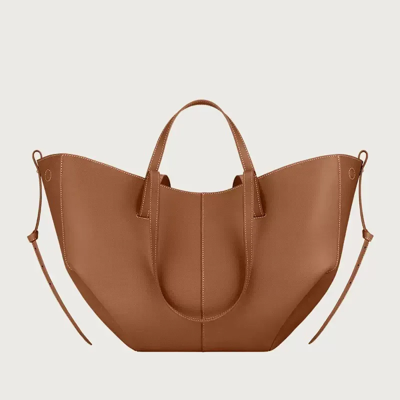 Designer New Arrival Tote Leather Crossbody Large Capacity Shoulder Strap French Minimalist Style Caramel Brown Travel Bag