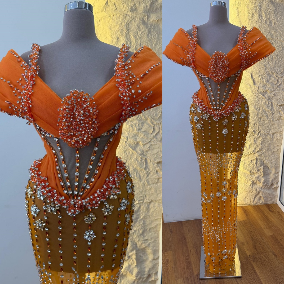 Luxury Crystal Stones Evening Dresses Dubai Orange Beaded Illusion Formal Party Celebrity Prom Dress Robe de soiree Customized