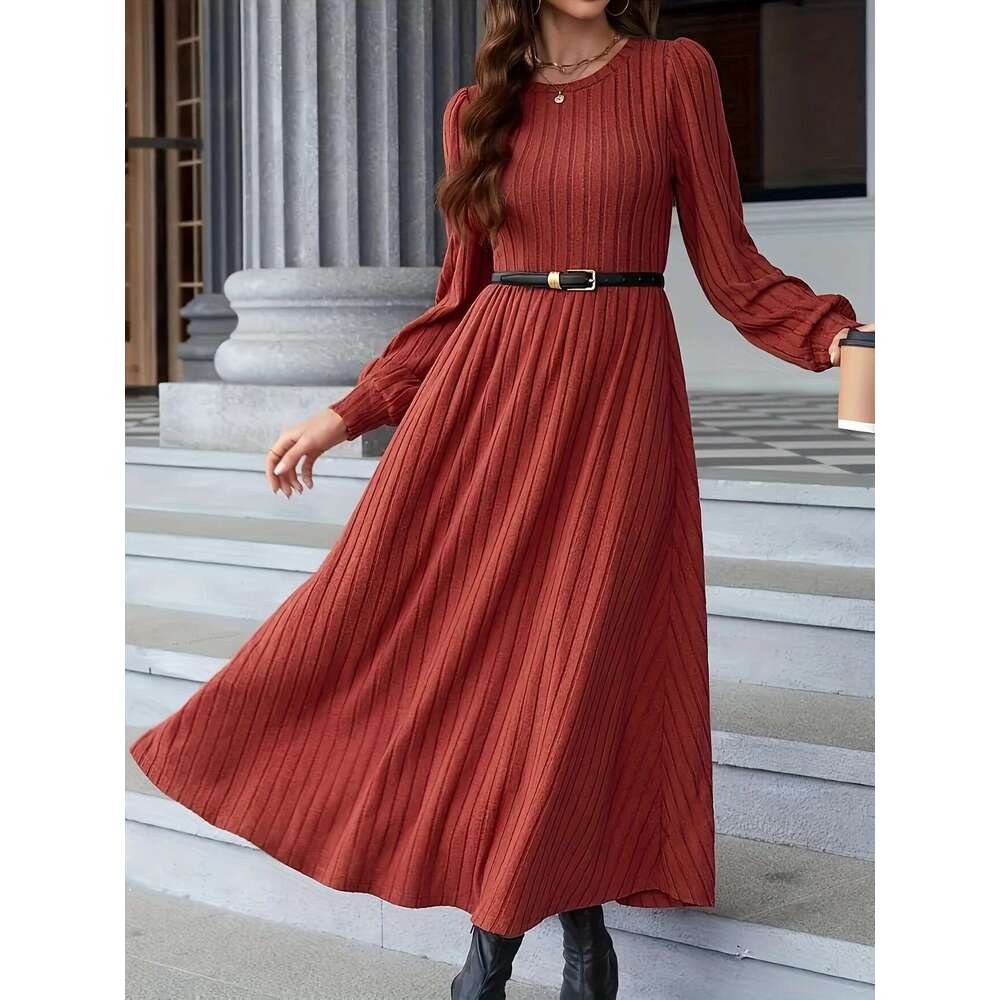 Amazon European and American 2025 New Simple Solid Color Ribbed Women's Knitted Dress