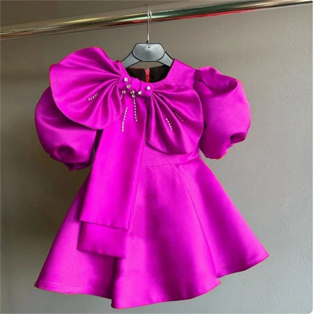 Flower girl dress satin cute princess childrens bow sacrament custom costume dance party first dress customization 250403