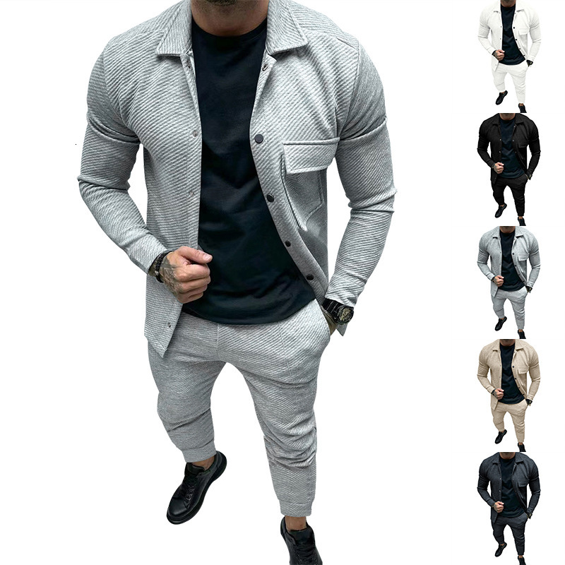 2024 autumn/winter new mens collar solid color long sleeved pants set loose and versatile two-piece set