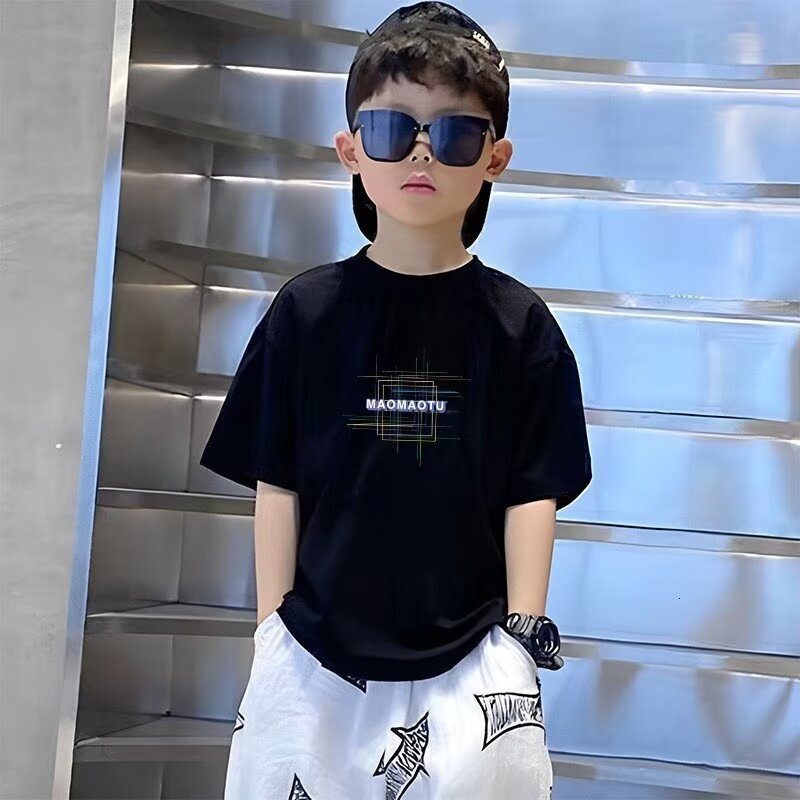 GS- Ddmyshoesvip Boys Short Sleeved Wear New Item Fashionable Handsome Cotton Children S Summer White Trendy T Shirt For Middle Aged And Large Childre