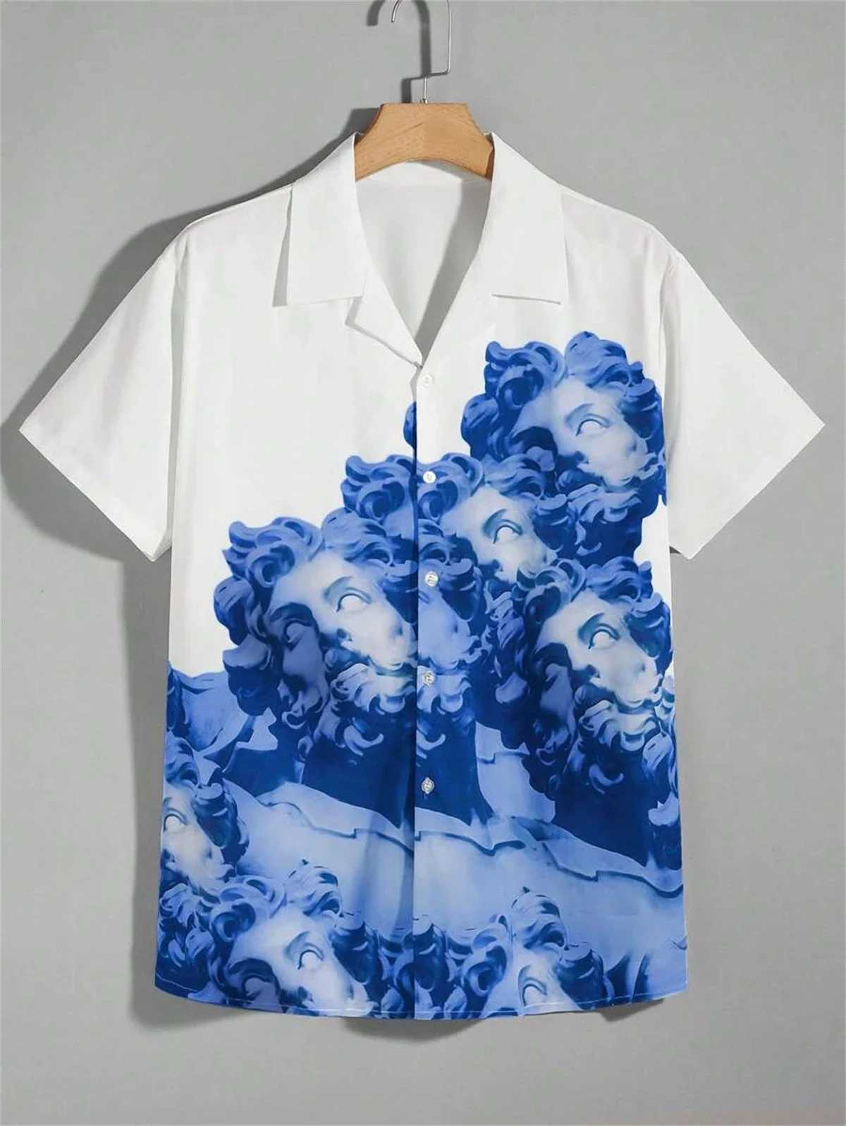 Handsome mens short sleeved shirt with retro sculptural print casual mens lapel top large loose mens shirt new summer style X250410