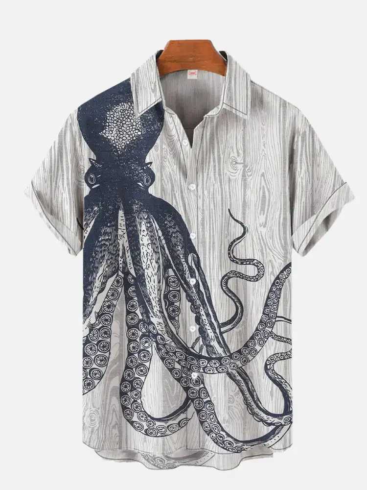 Summer mens octopus print shirt short sleeved Hawaiian beach animal cartoon pattern casual shirt X250410