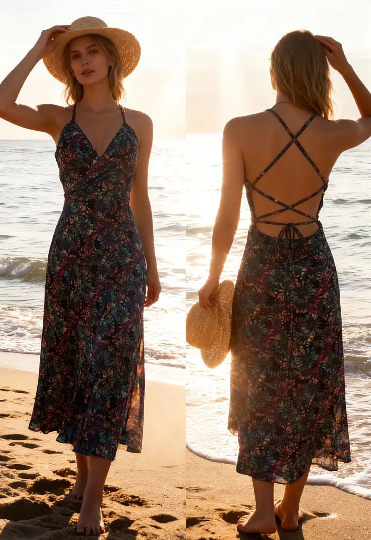 Black Floral Strapless Backless Cross-Tie Beach Dress Long Floral Print Beach Dress for Seaside Vacations