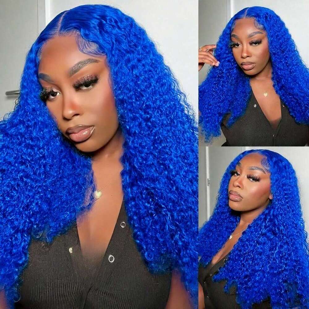 Women's Brazilian Remy Human - Kinky Blue Lace Front 13X4 HD Transparent Lace, Pre-Plucked Glueless Wig With Baby Hair Bleached Knots 180% Densit