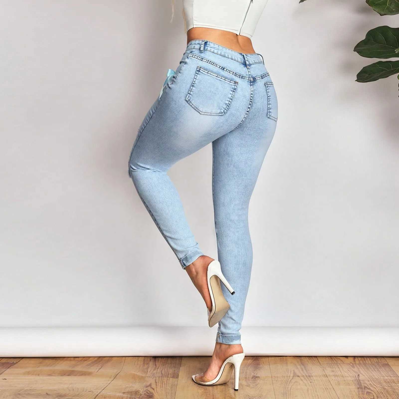 Sexy WomenS Ripped Skinny Jeans With Bow Decoration Suitable For Curvy Women Casual Pants Comfy Pants Women Jeans Ropa Mujer C251110