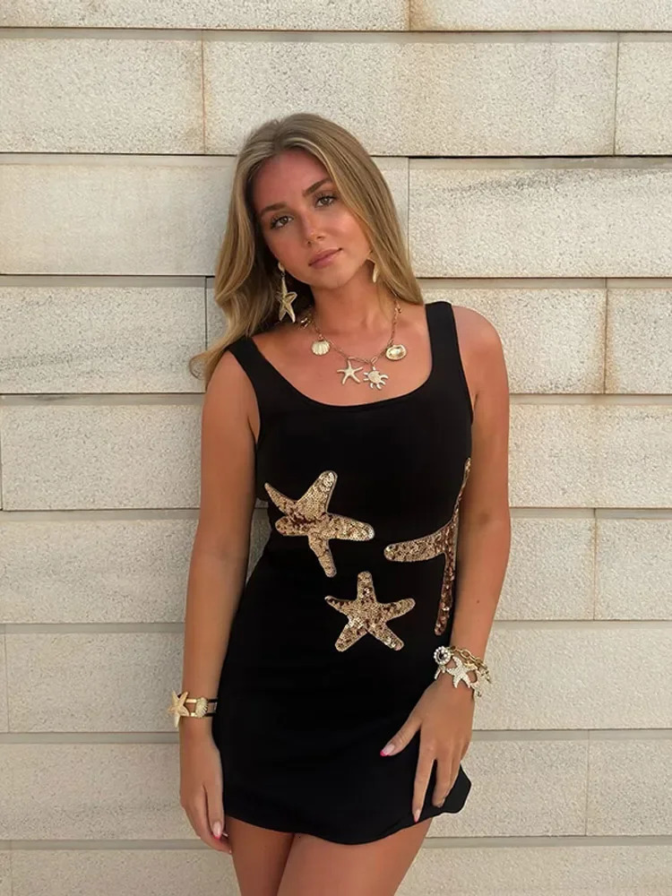 Elegant Sequins Stars Ruffles Hem Knitted Mini Dress Womens Sleeveless High Waist Slim Robes 2025 Lady Street Beach Dresses 250409