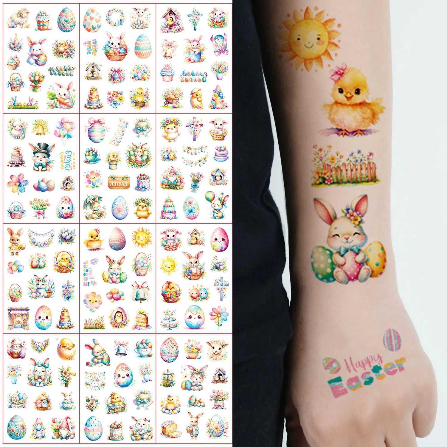 144 cartoon Easter series elements flashing patterns temporary tattoo stickers cute rabbit Easter egg pattern tattoos W250410