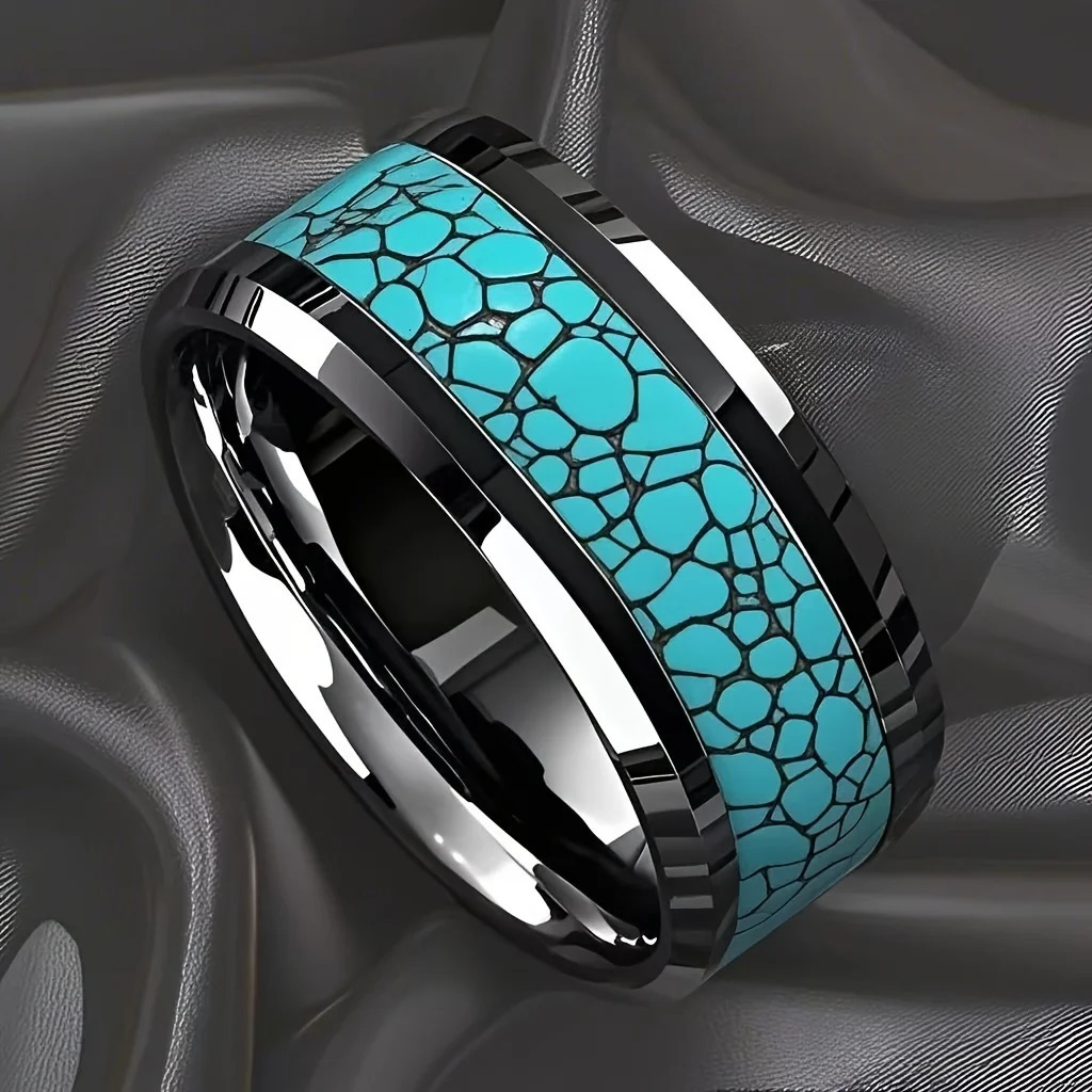 Fashion 8MM Inlay Men Blue Turquoise Rings Beveled Edge Stainless Steel Rings for Men Women Wedding Engagement Band Jewelry Gift 251110