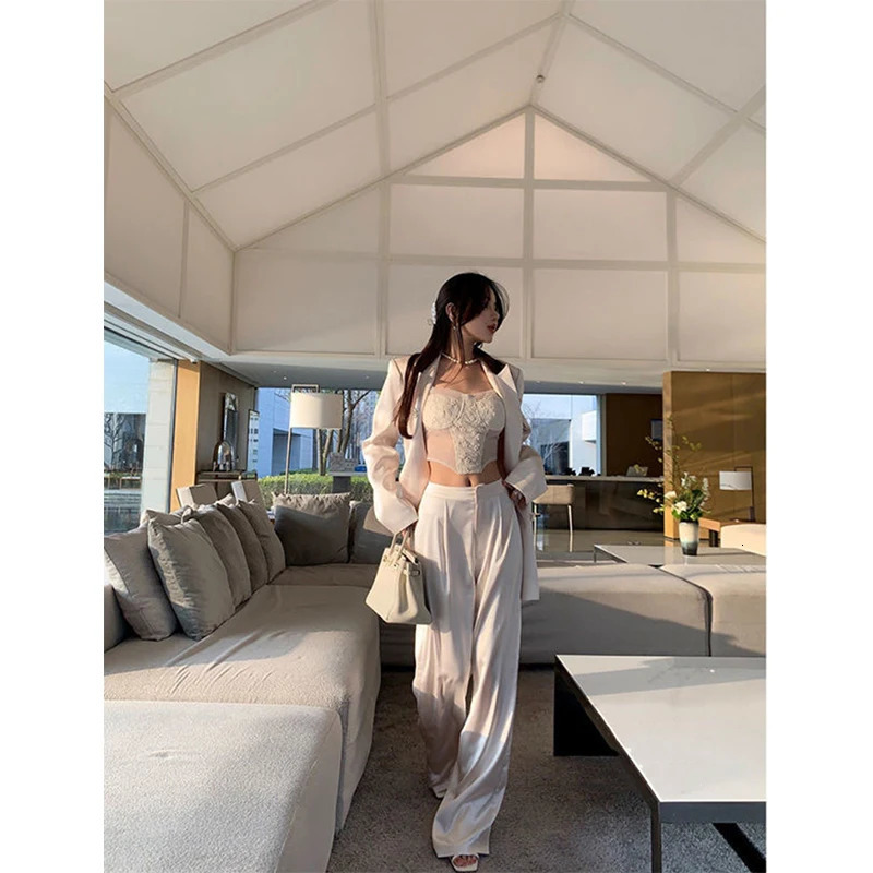 MEXZT Elegant Satin Wide Leg Pants Women 3Xl Fashion High Waist Black White Pants Summer Ladies Korean Baggy Straight Trousers 250409