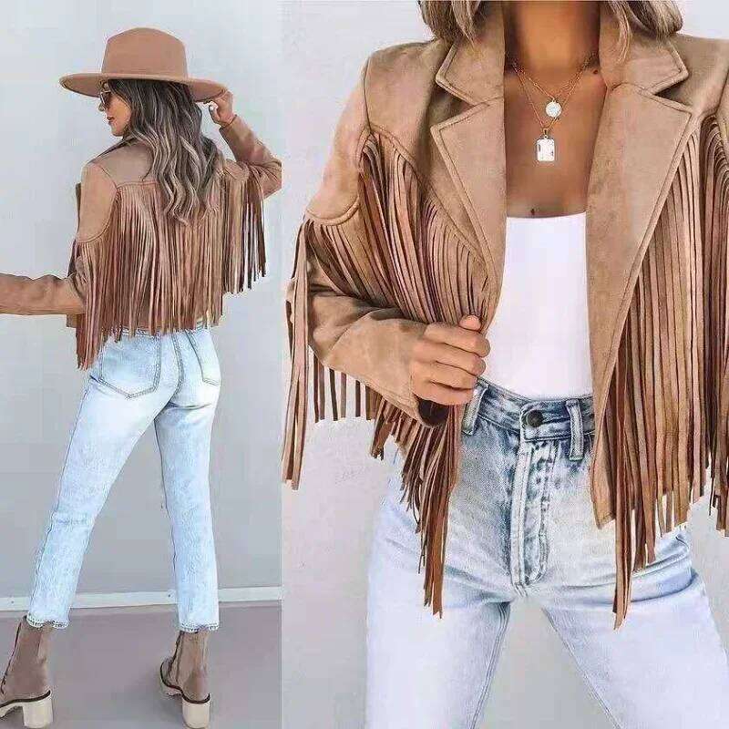 Fashion Winter Women Fringed Hem Tassel Cardigan Crop Topsr Suede Leather Jacket Vintage Streetwear Cool Coat