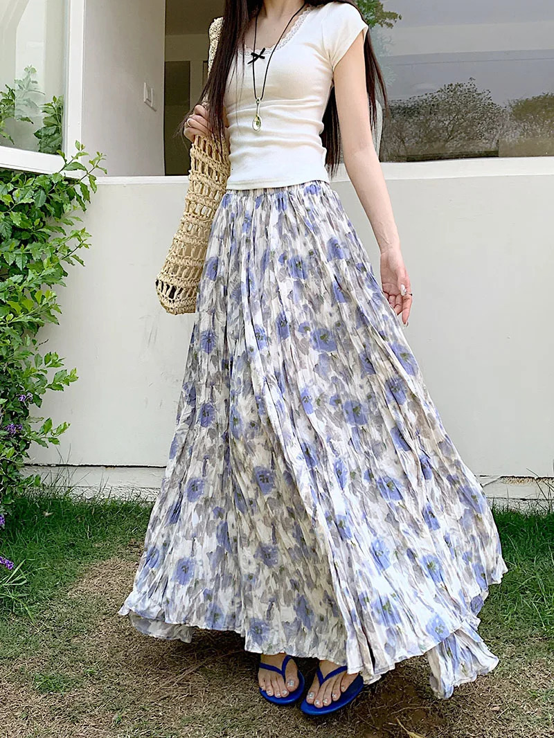 Spring pleated printed skiing womens Korean fashion holiday long festival elegant high waisted slim fairy skirt 250410