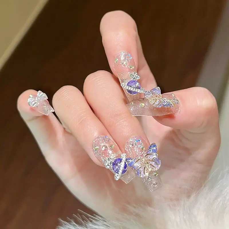 0pcs handmade embossed large planet design fake nails with butterfly art sparkling fake coffin nails diamond wearable tips W250410