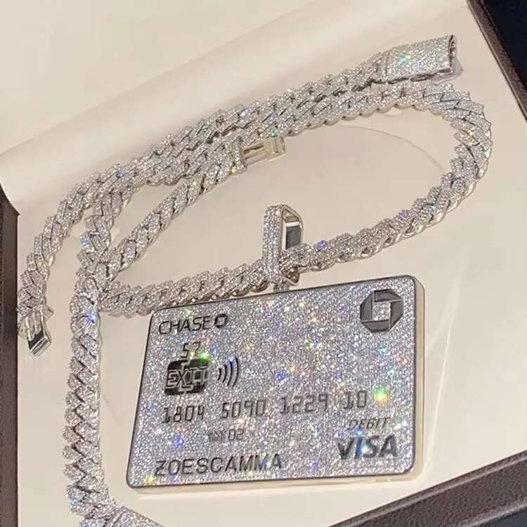 White Gold Plated Solid 925 Silver Vvs Moissanite Diamond Iced Out Credit Card Pendant