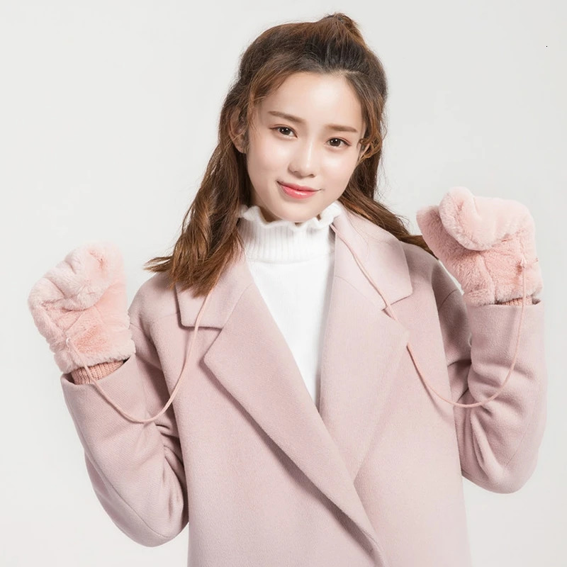 Fashion Solid Winter Glove Warm Dehair Angora Inside Coral Fleece Thick Mittens For Women Female Hanging Rope Gants Femme 251106
