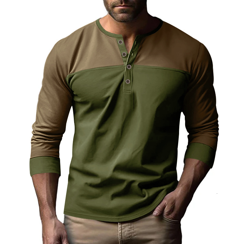 2025 autumn new American long sleeved color blocked Henry collar base shirt casual T-shirt for men