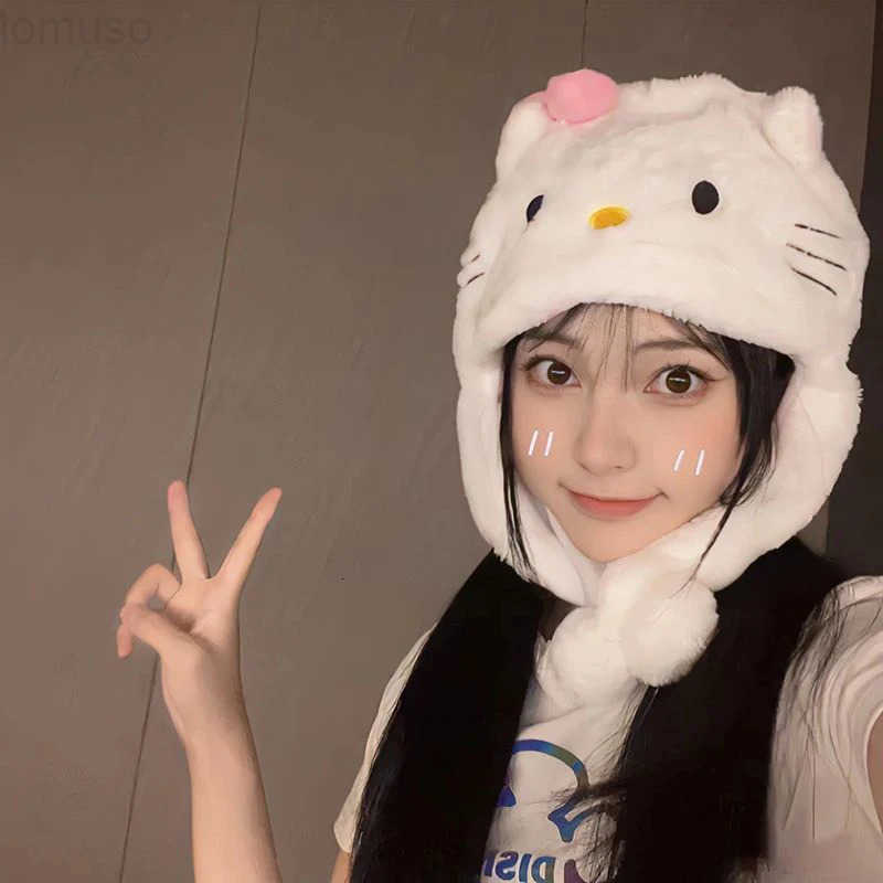 Sanrio Kawaii KT Cat Plush Cap Cute Cartoon Hello Kitty Pullover Hat Thickened Warm Ear Protection Riding Hat For Girl Gifts H251110