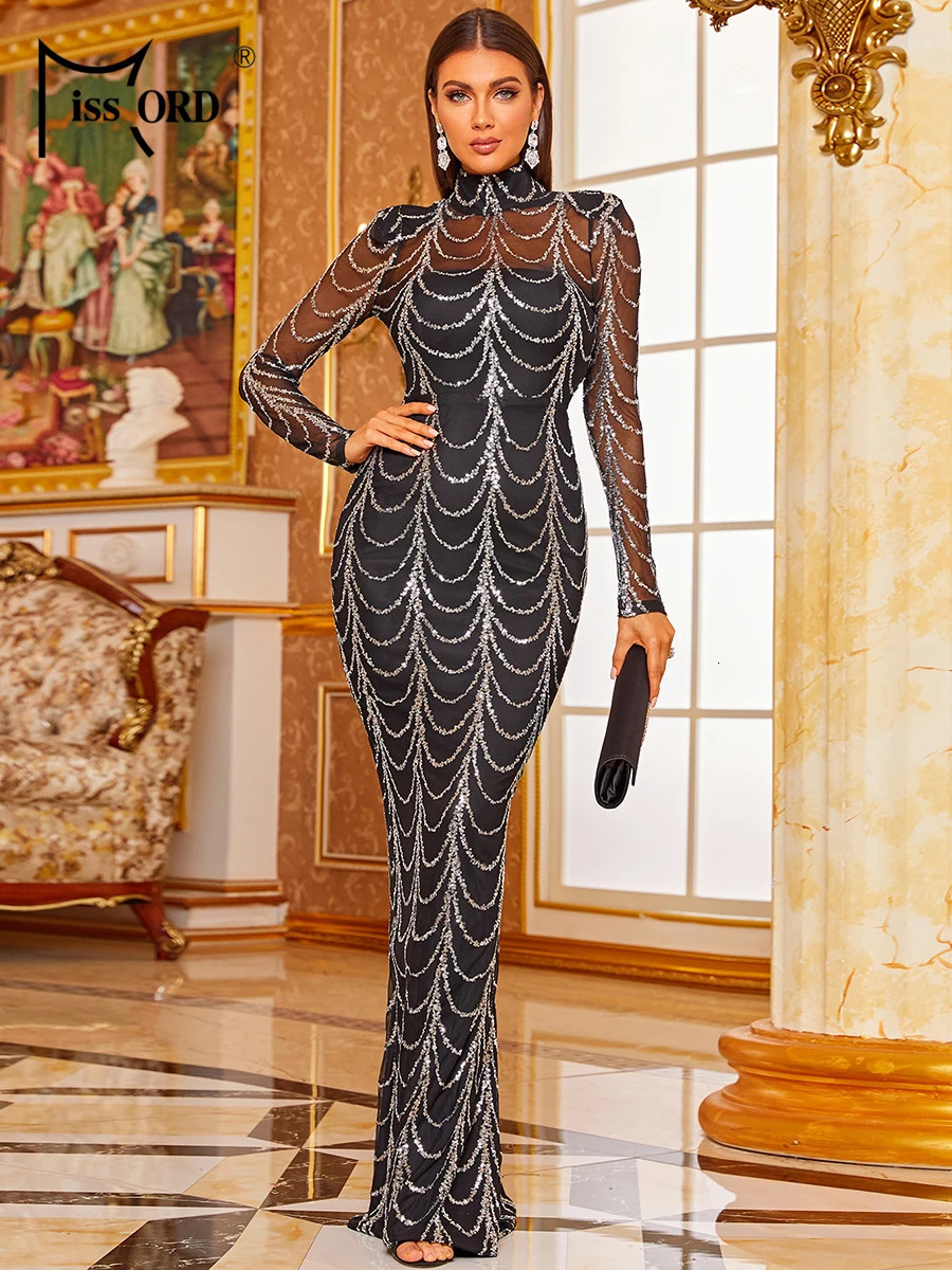 Missord Wave sequined party dress elegant womens high neck long sleeved view full body evening dance dress lace long dress 250403
