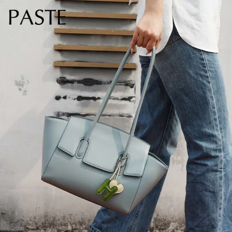 New Chic Large Trapeze Tote All-Match Denim Blue Color Split Cow Leather Women Handbag Long Handle Ladies Armpit Shoulder Bag
