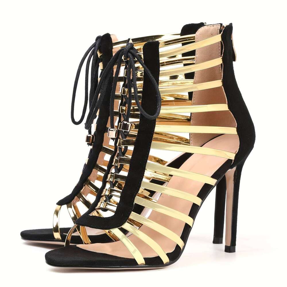 Black/Red Women's Hollow Lace-Up Heel Sandals Slim High Heel, Open Toe & Side Zipper Summer Evening Dress Shoes