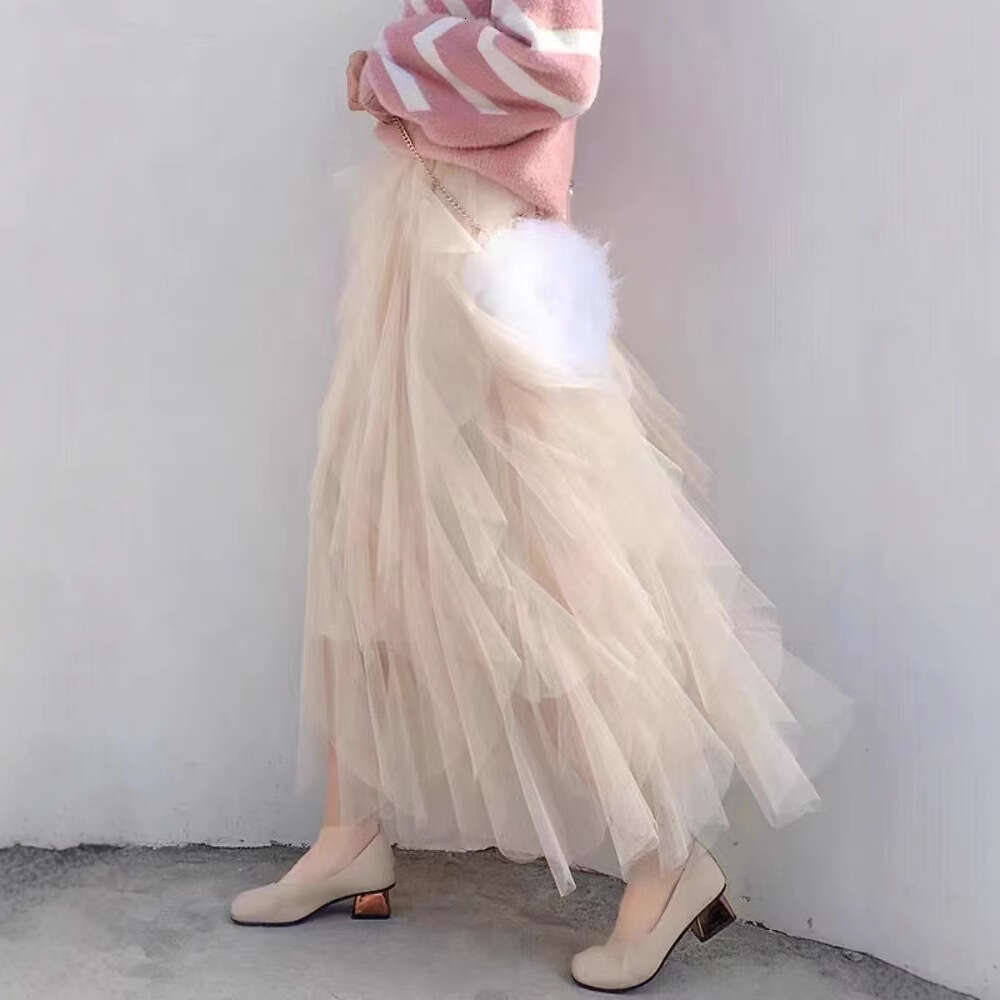 Irregular Mesh Half Spring Summer Autumn Versatile Commuting High Slimming Elastic Waist A-line Mid-length Skirt for Women