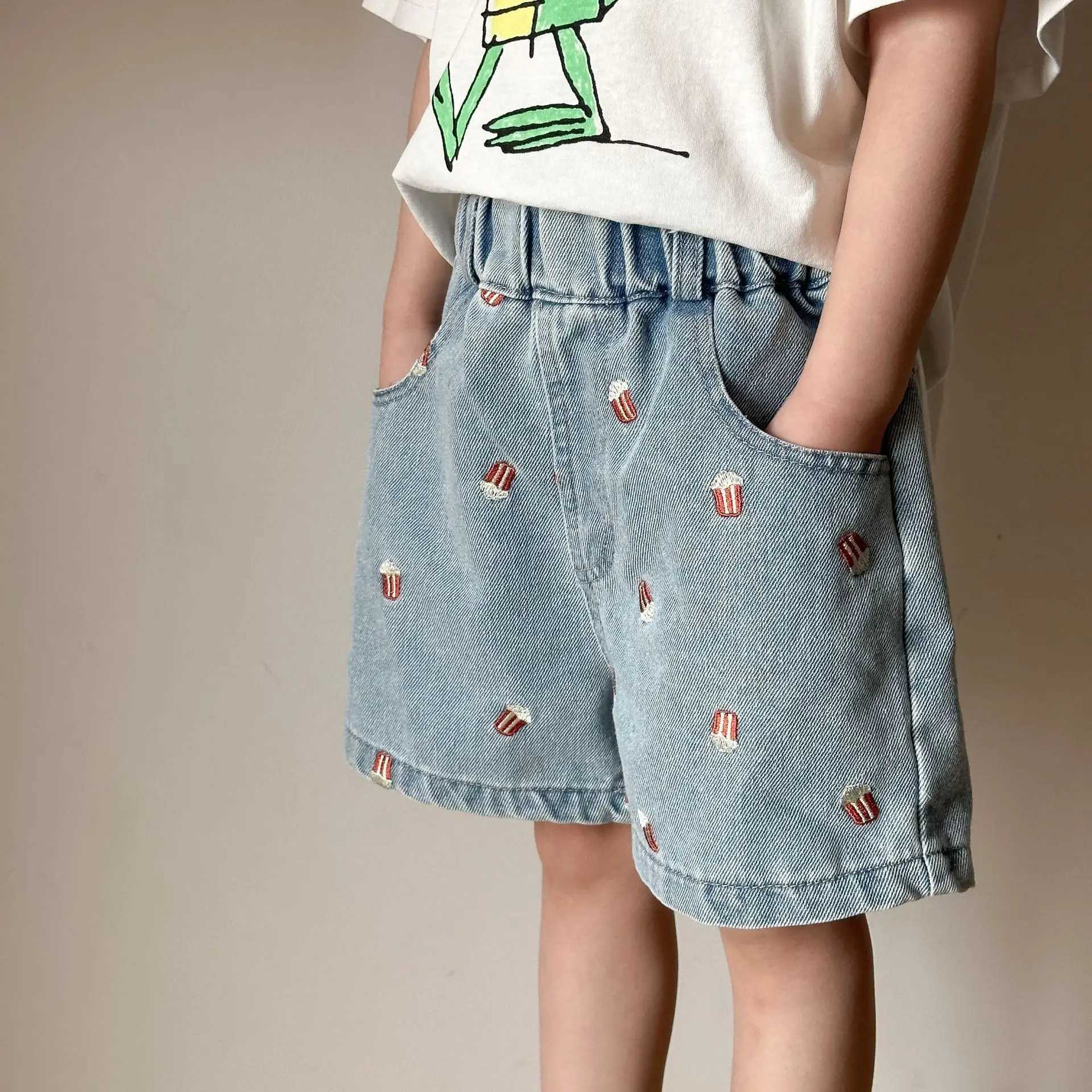 Summer 2025 Childrens Denim Shorts Popcorn Embroidered Shorts Casual Knee Length Jeans Shorts Childrens Boys and Girls Z250410