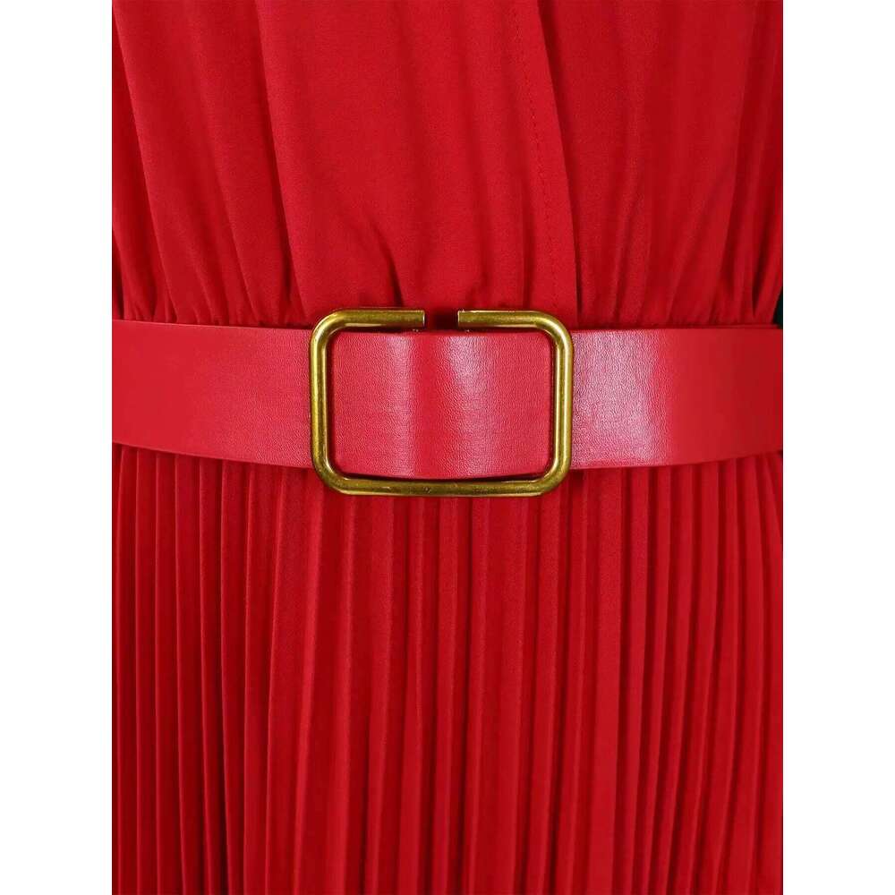 2024 Autumn Solid Matching Belt V-Neck Women Fashion Commuting Slim Fit Mid Length Elegant Style Dress Spring Plus Size