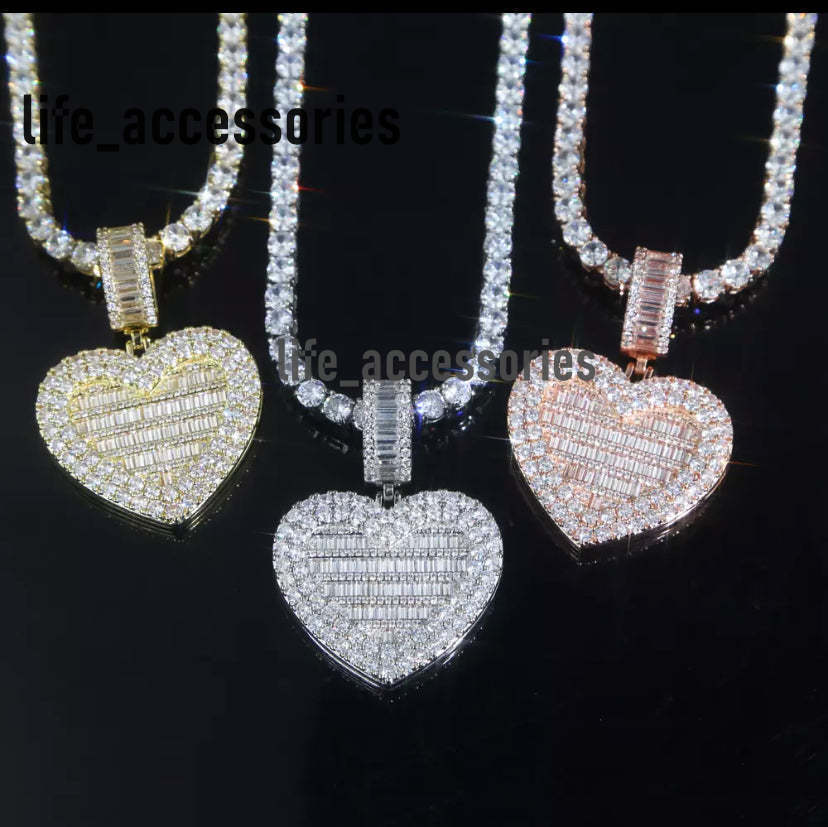 Vvs Iced Out Moissanite Pendant Custom Heart Baguette Hiphop Charm 925 Silver Moissanite Pendant