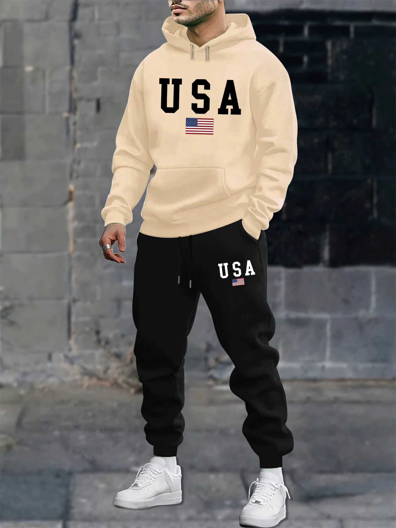 Mens autumn and winter casual fashion warm American flag USA pattern print loose plush thick hooded sweatshirtsweatpants set W251110