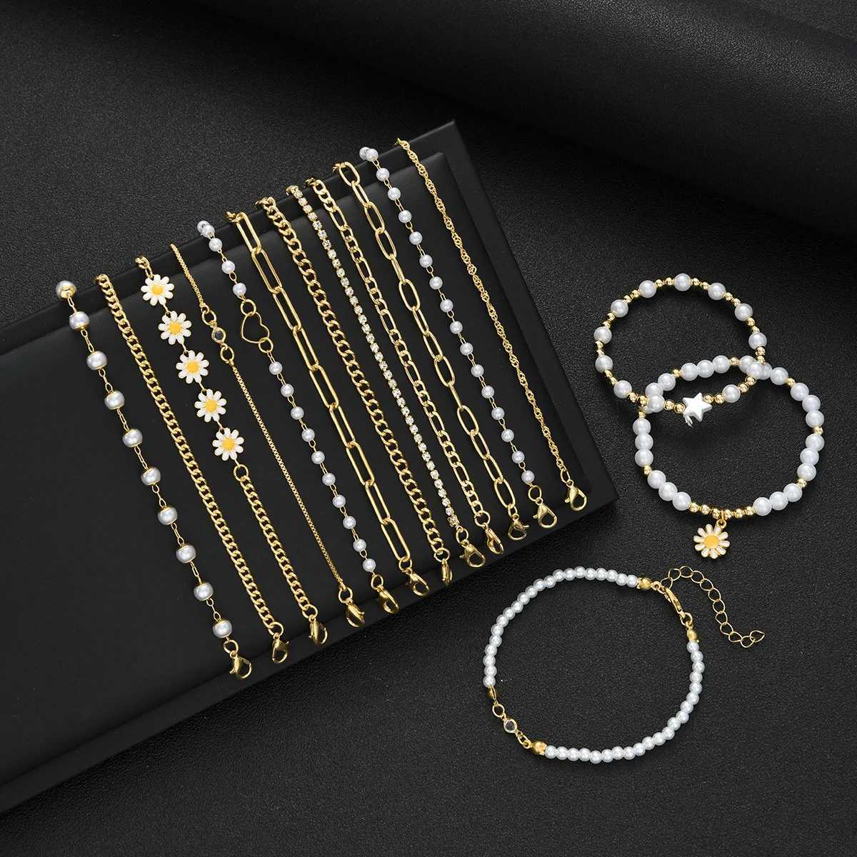 15pcs Bohemian Daisy Flower Star Bead Faux Pearl Layered Bracelets Set For Women Gold Color Summer Beach Daily Wear Jewelry GiftT251110