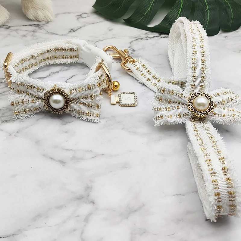 Lace Dog Leash Collar Set Vintage Bowknot Pearl Bells Girl Dog Adjustable Collar for Small Medium Dogs Puppy Collar Pet Supplies J251110