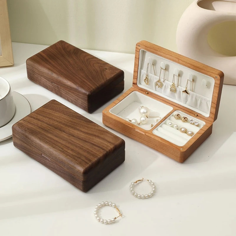 R2LE Portable Flannelette Jewelry Storage Box High-end Luxurious Black Walnut Vintage Necklace Earrings Portable Travel Case 250409