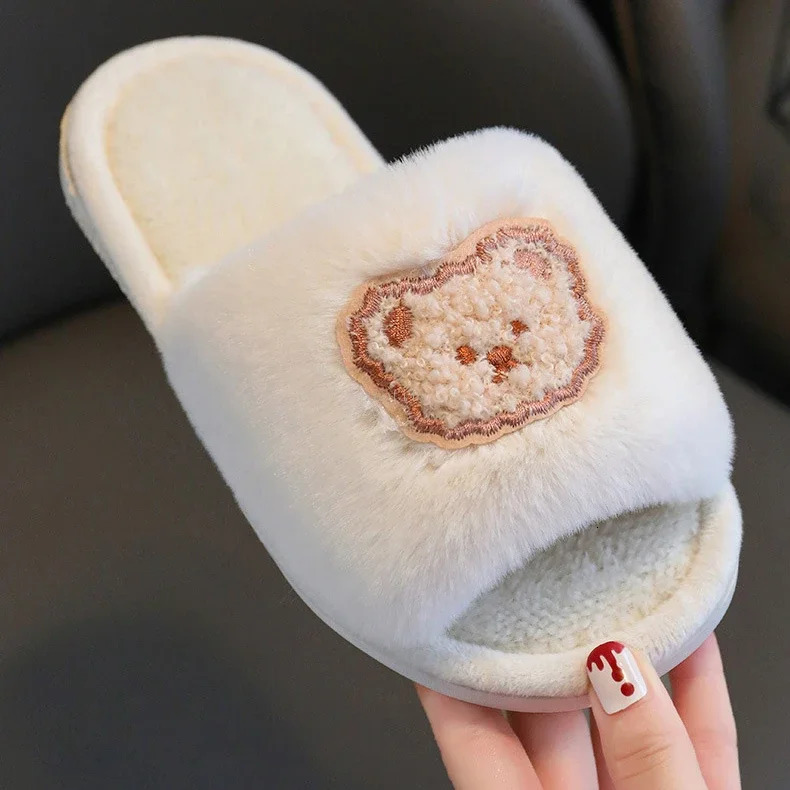 Girl cartoon slider fur open solid color home outdoor childrens slider winter fashion anti slip fully matched childrens shoes 250409