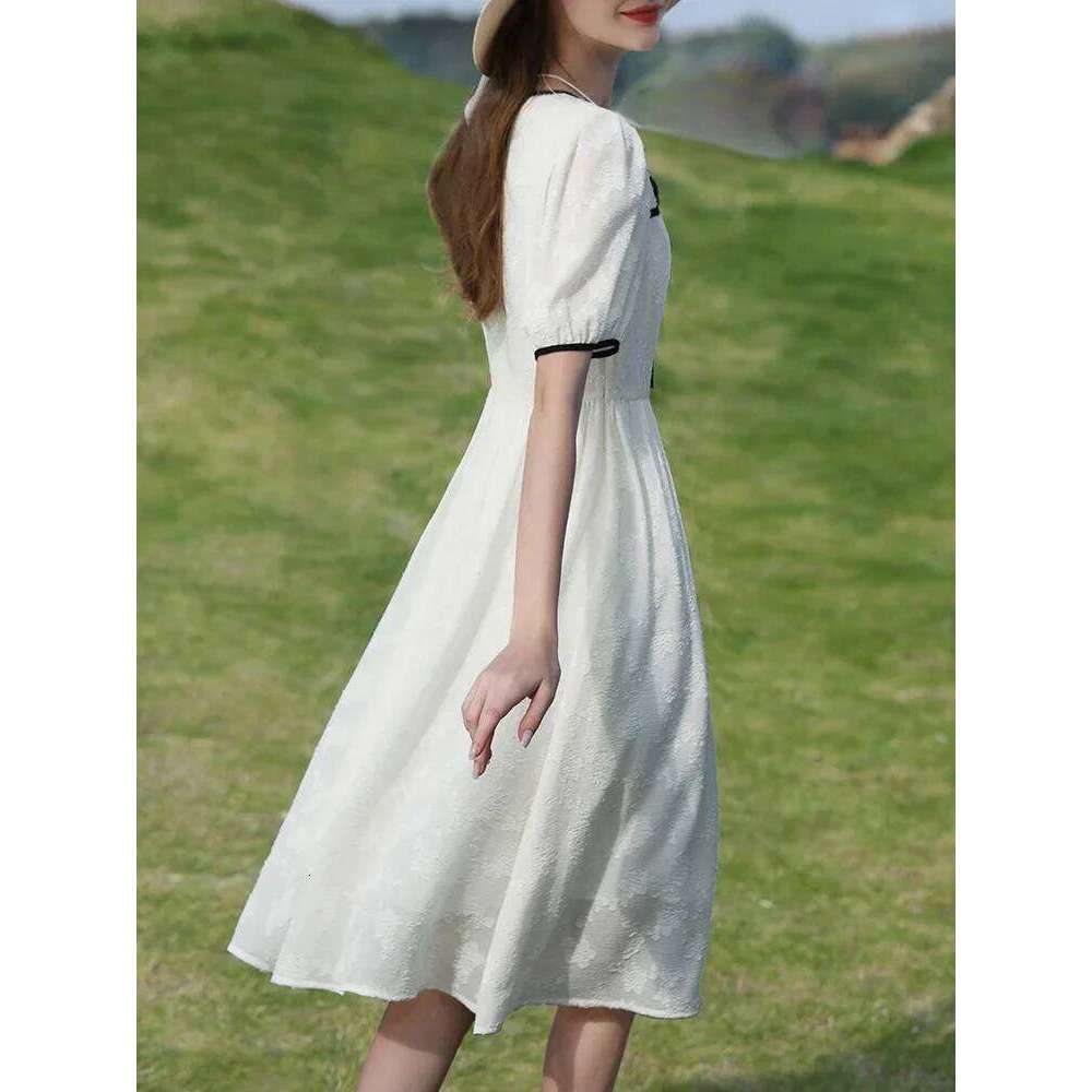 I BELIEVE YOU Summer New Elegant Chiffon Women's Dress 2023 V Neck Puff Sleeves Patchwork A-Line High Waist Vestidos 2232095065