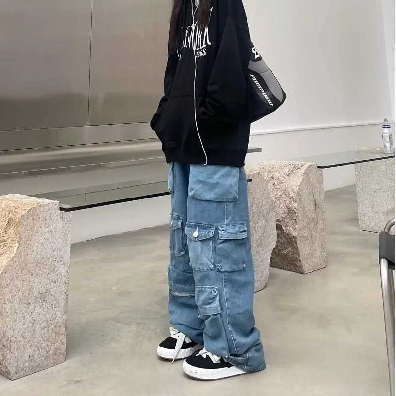 Trendy Womens Denim Workwear Street Style Black Grey Multi-Pocket Jeans American Casual High-Waist Functional Design C251110