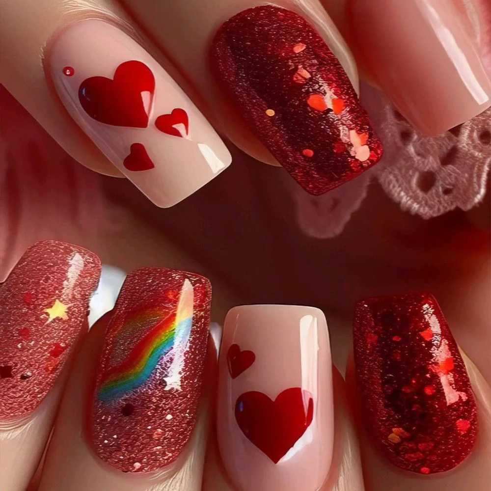 24 piece floral complete set of nails pearl design medium to long ballet fake nails square fake nails wearable handle set W250410