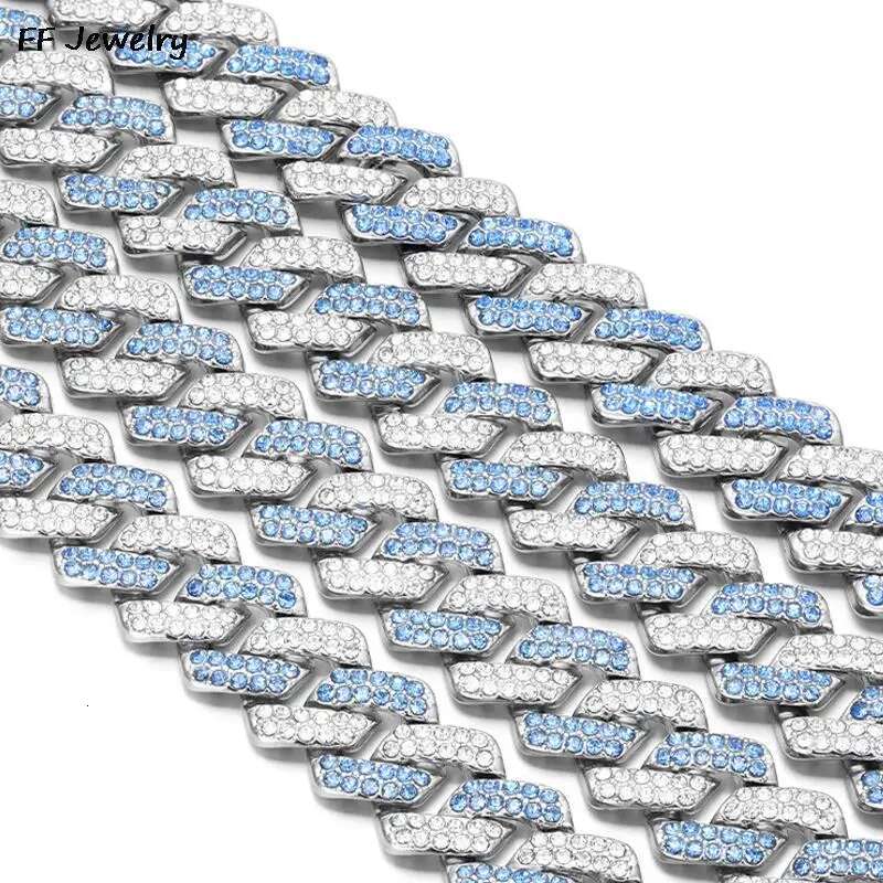 14mm Blue Cuban Link Chain For Men Silvery/Golden Iced Out Rhinestone Miami Necklace Choker For Women With Box Clasp Hip Hop