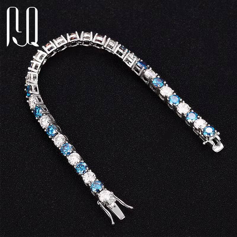 PYQ Fine Jewelry 3mm-65mm 925 Sterling Silver Grade VVS Royal Blue Mossanite Moissanite Diamond Tennis Chain Bracelet